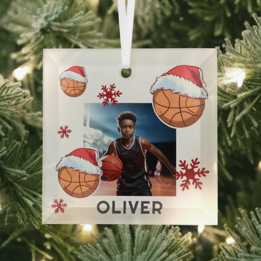 Basketball Ball Santa Hat Name Photo Christmas  Glas Ornament (Insitu)