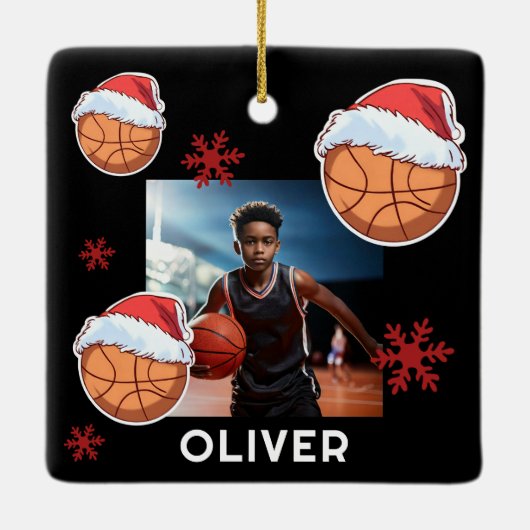 Basketball Ball Santa Hat Name Photo Christmas  Keramisch Ornament (Achterkant)