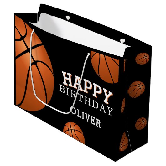 Basketball Ball Sports Happy Birthday Name Groot Cadeauzakje (Voorkant Gekanteld)