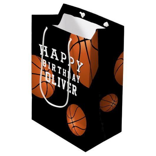 Basketball Ball Sports Kinder Happy Birthday Black Medium Cadeauzakje (Voorkant Gekanteld)