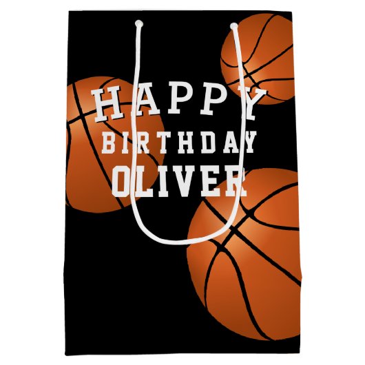 Basketball Ball Sports Kinder Happy Birthday Black Medium Cadeauzakje (Achterkant)