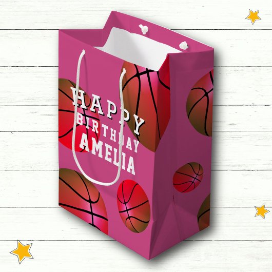 Basketball Ball Sports Kinder Happy Birthday roze Medium Cadeauzakje
