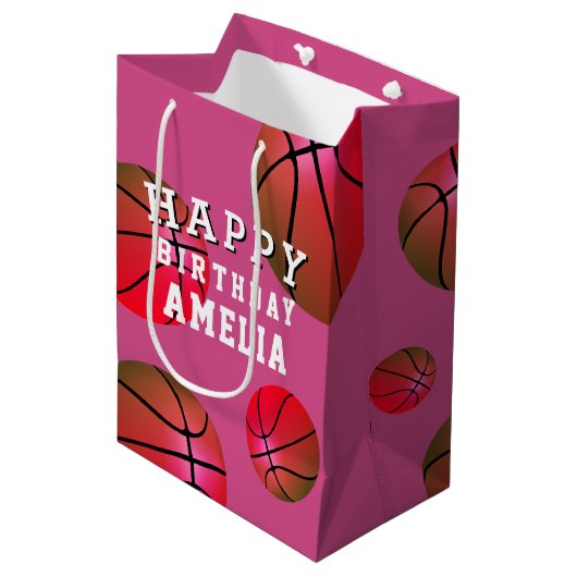 Basketball Ball Sports Kinder Happy Birthday roze Medium Cadeauzakje (Voorkant Gekanteld)