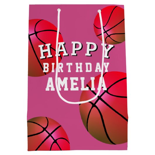 Basketball Ball Sports Kinder Happy Birthday roze Medium Cadeauzakje (Achterkant)
