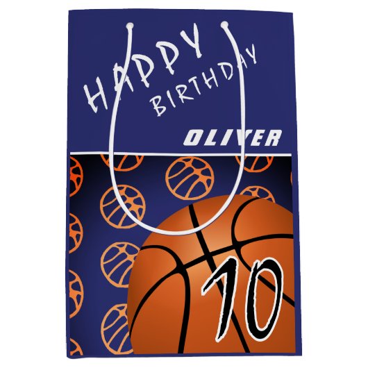Basketball Ball Sports Modern Happy Birthday Kind Medium Cadeauzakje (Voorkant)