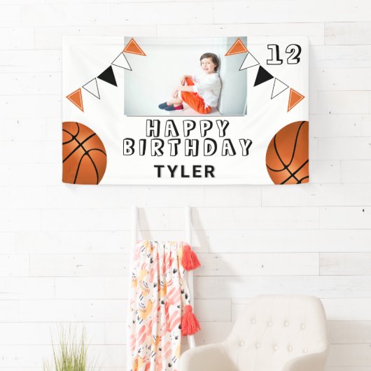 Basketball Balls Flagt Kinder Foto Birthday Party Spandoek (Insitu)