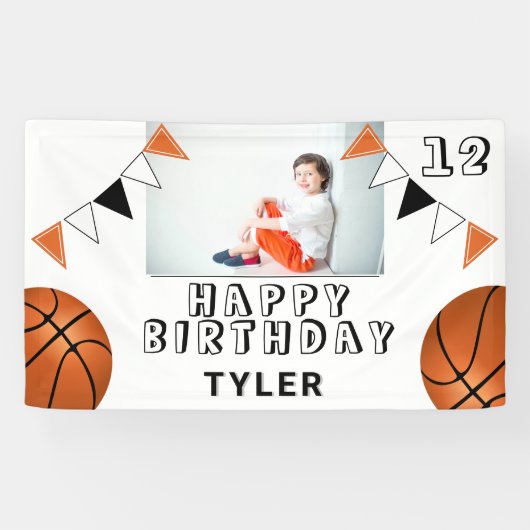 Basketball Balls Flagt Kinder Foto Birthday Party Spandoek (Horizontaal)