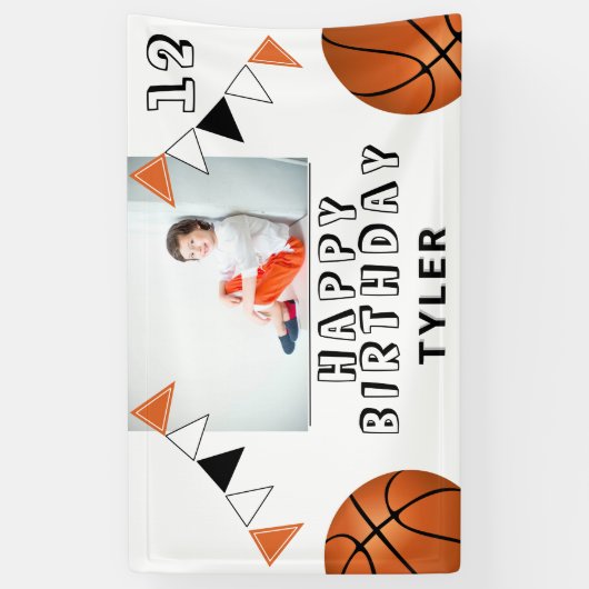 Basketball Balls Flagt Kinder Foto Birthday Party Spandoek (Verticaal)