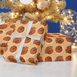 Basketball Balls Kinder naam Oranje Kerstmis Cadeaupapier