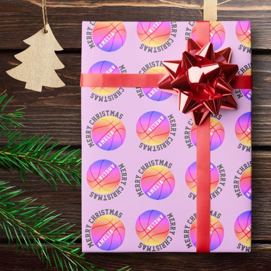 Basketball Balls Kinder naam Roze Kerstmis Cadeaupapier