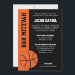Basketball Bar Mitzvah Kaart<br><div class="desc">Moderne oranje en zwarte basketbal met de naam Bar Mitzvah uitnodigingen. Eenvoudig aan te passen voor uw evenement.</div>