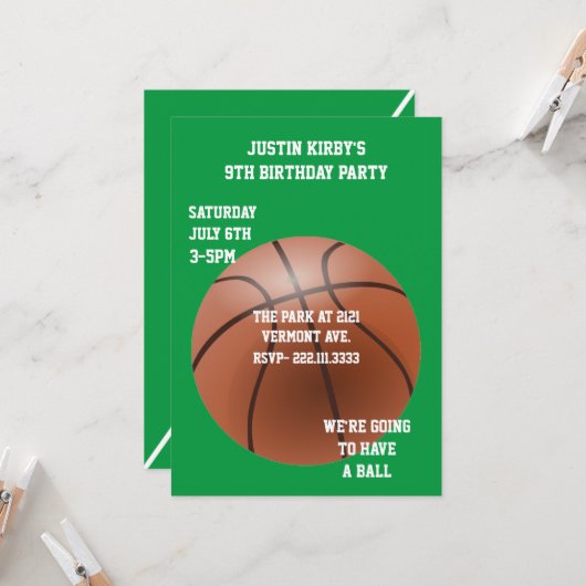 Basketball Birthday Party Invitation Kaart (Voorkant / Achterkant in situ)