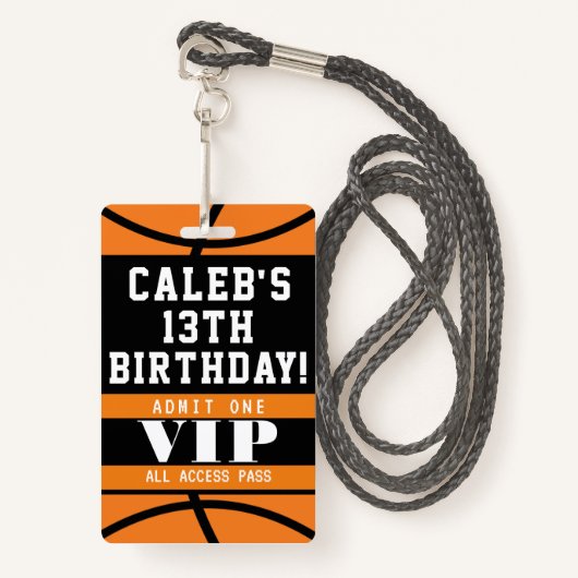 Basketball Birthday Party VIP Pass Badge (Voorkant met draagriem)