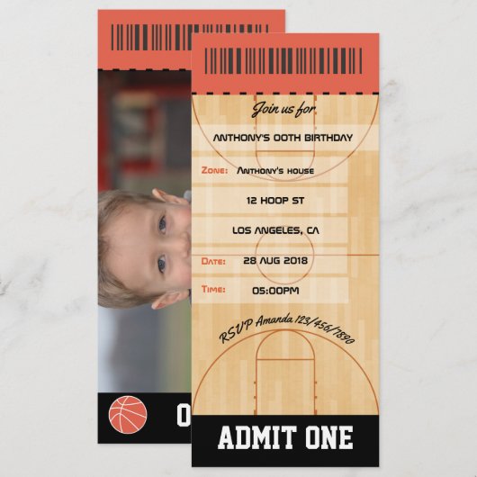 Basketball Birthday Party voegt foto Ticket toe Kaart (Voorkant / Achterkant)