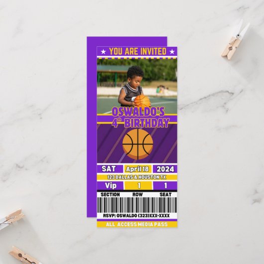 Basketball Birthday Ticket Invitation(Purple&Gold) (Voorkant / Achterkant in situ)