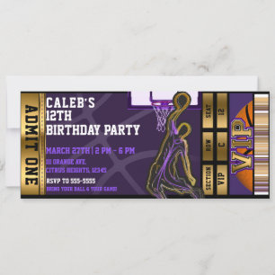 Basketball Birthday VIP Paars Gold Ticket Kaart