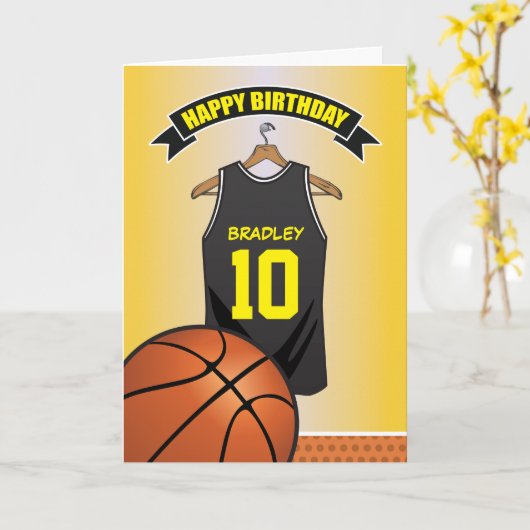 Basketball Black Yellow Jersey Birthday Kaart (Gele Bloem)