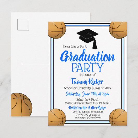 Basketball Blue & Black Graduparty Uitnodiging Briefkaart (Voorkant / Achterkant)