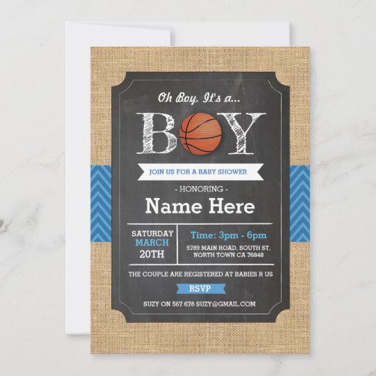 BasketBall Blue Boy Baby shower Sport Uitnodigen Kaart (Voorkant)