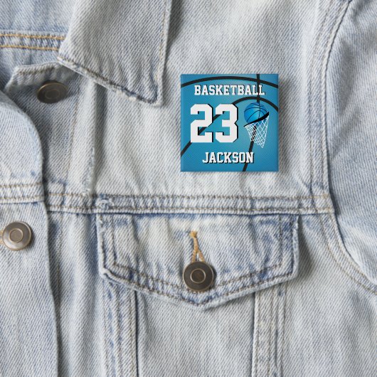 Basketball Blue en White | Personaliseren Vierkante Button 5,1 Cm (In situ)