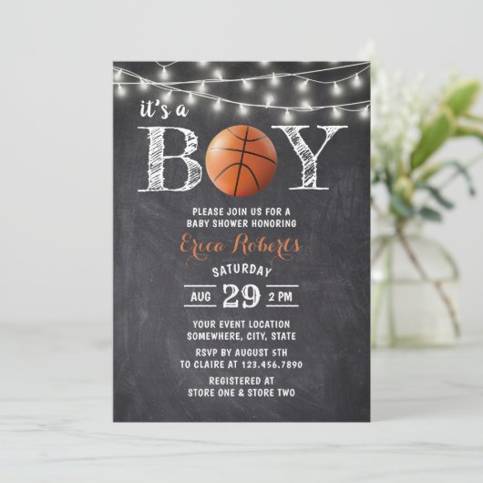 Basketball Boy Rustic Chalkboard Baby shower Kaart (Staand voorkant)