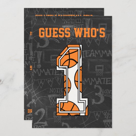 Basketball Chalkboard 1st Birthday Party Kaart (Voorkant / Achterkant)