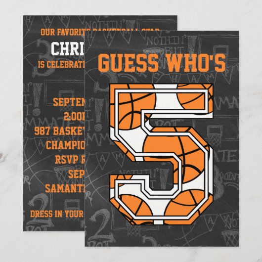 Basketball Chalkboard 5th Birthday Party Kaart (Voorkant / Achterkant)