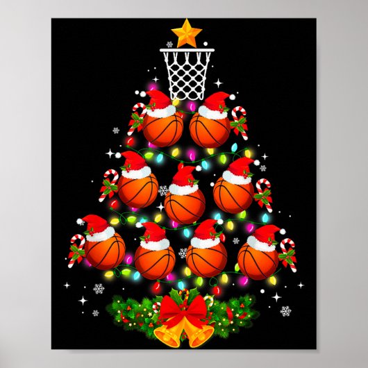 Basketball Christmas Tree Lights Red Santa Hat Xma Poster (Voorkant)