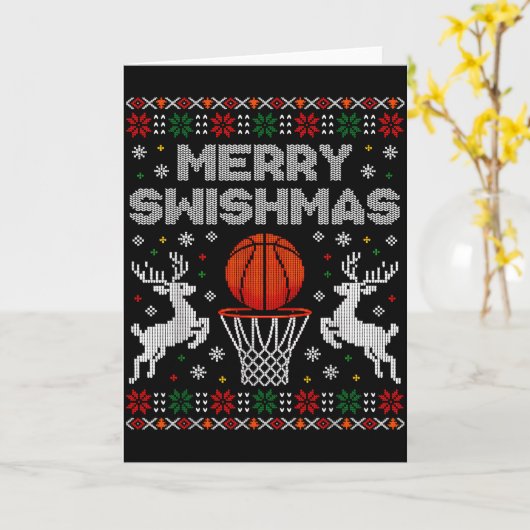 Basketball Christmas Ugly Sweater Merry Swishmas M Kaart (Gele Bloem)