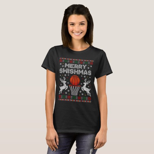 Basketball Christmas Ugly Sweater Merry Swishmas M T-shirt (Voorkant volledig)