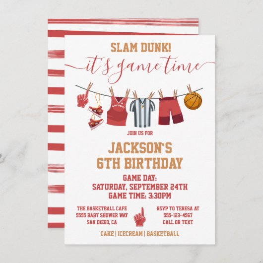 Basketball Clotheline Birthday party Invitation Kaart (Voorkant / Achterkant)