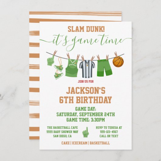 Basketball Clotheline Birthday party Invitation Kaart (Voorkant / Achterkant)