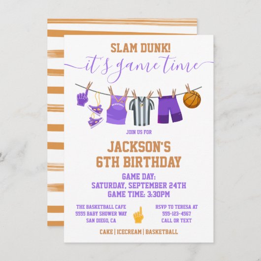 Basketball Clotheline Birthday party Invitation Kaart (Voorkant / Achterkant)