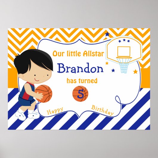 Basketball Cute Black Hair Boy Birthday Poster (Voorkant)