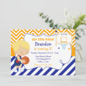 Basketball Cute Blonde Boy Birthday Party Kaart (Staand voorkant)