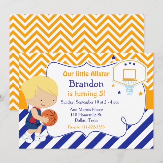 Basketball Cute Blonde Boy Birthday Party Kaart (Voorkant / Achterkant)