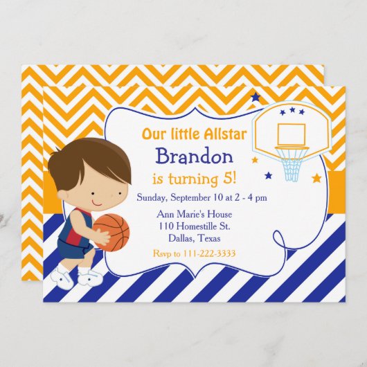 Basketball Cute Brunette Boy Birthday Party Kaart (Voorkant / Achterkant)