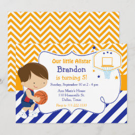 Basketball Cute Brunette Boy Birthday Party Kaart