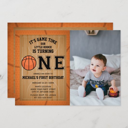 Basketball First Birthday Foto Kaart (Voorkant / Achterkant)