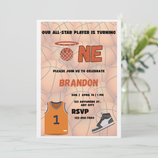Basketball First Birthday Invitation | All Star Kaart (Staand voorkant)
