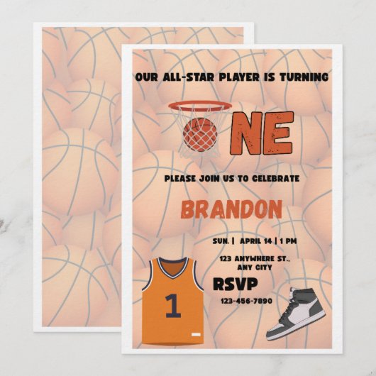 Basketball First Birthday Invitation | All Star Kaart (Voorkant / Achterkant)