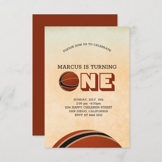 Basketball First Birthday Kaart (Voorkant / Achterkant)