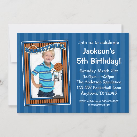 Basketball Foto Birthday Party Blue Invitations Kaart (Voorkant)