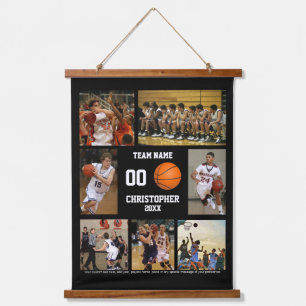 Basketball foto collage gepersonaliseerd zwart hangend wandkleed