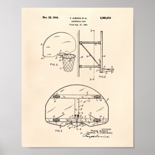 Basketball Goal 1944 Patent Art Old Peper Poster (Voorkant)