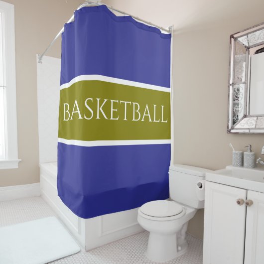 BASKETBALL Golden Olive White Deep Blue Stripes Douchegordijn (In situ)
