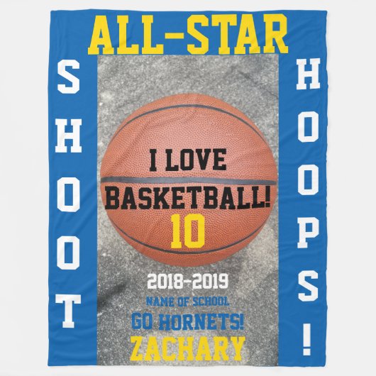 Basketball Hoops Medium Blue Player Team Naam Jaar Fleece Deken (Voorkant)