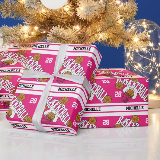 Basketball Hot Pink & White Stripes Cadeaupapier (Feestdagen)