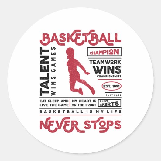 Basketball houdt nooit op ronde sticker (Voorkant)