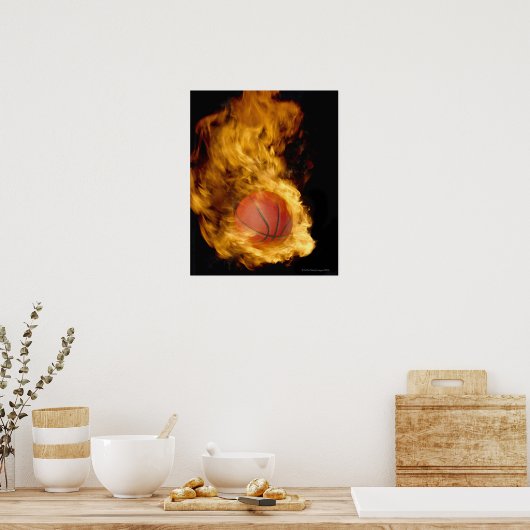 Basketball in brand (digitaal samengesteld) poster (Keuken)